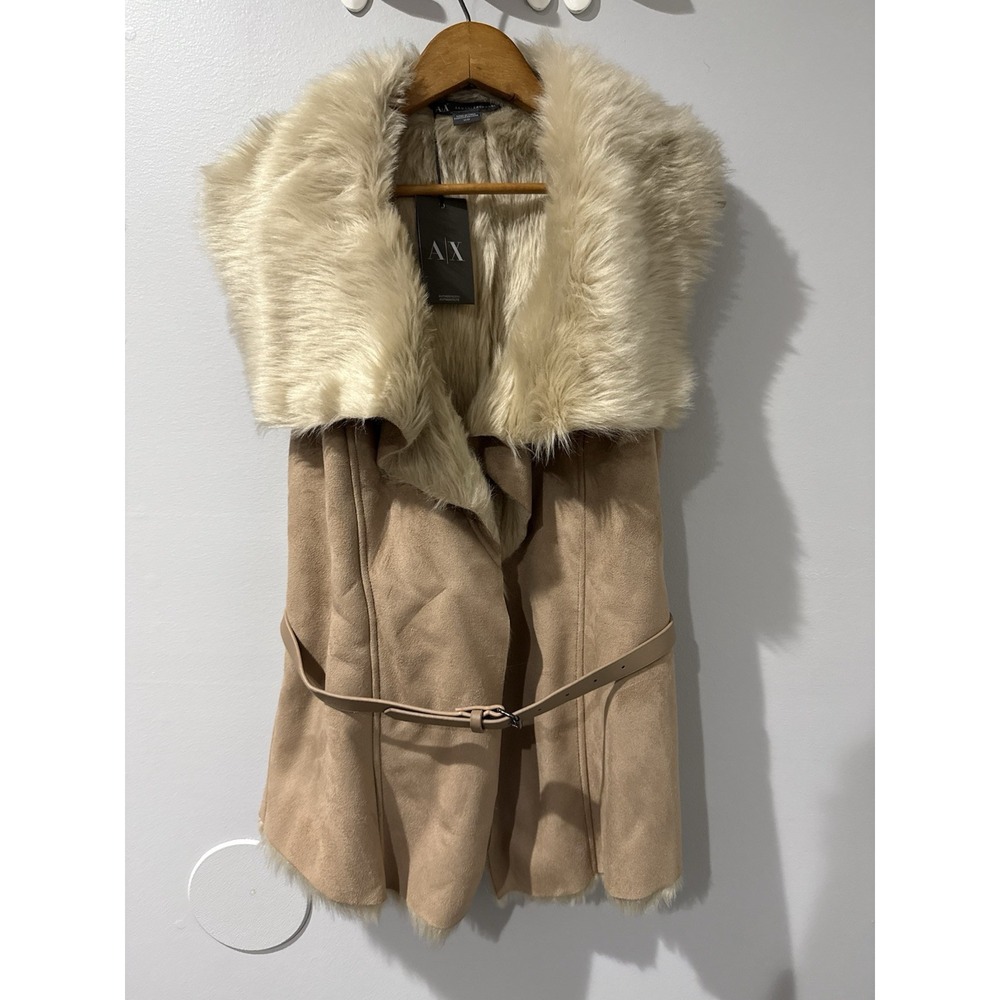 NWT AX ARMANI EXCHANGE Faux Fur Vest with Belt Tan Brown